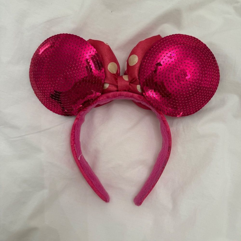 Disney Parks Minnie Mouse Ears Pink Sequin Headband Padded Polka dot Bow Bright - Picture 2 of 2